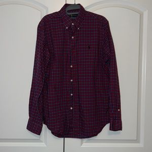 Boys/men size M Polo Ralph Lauren button down red & blue plaid shirt.